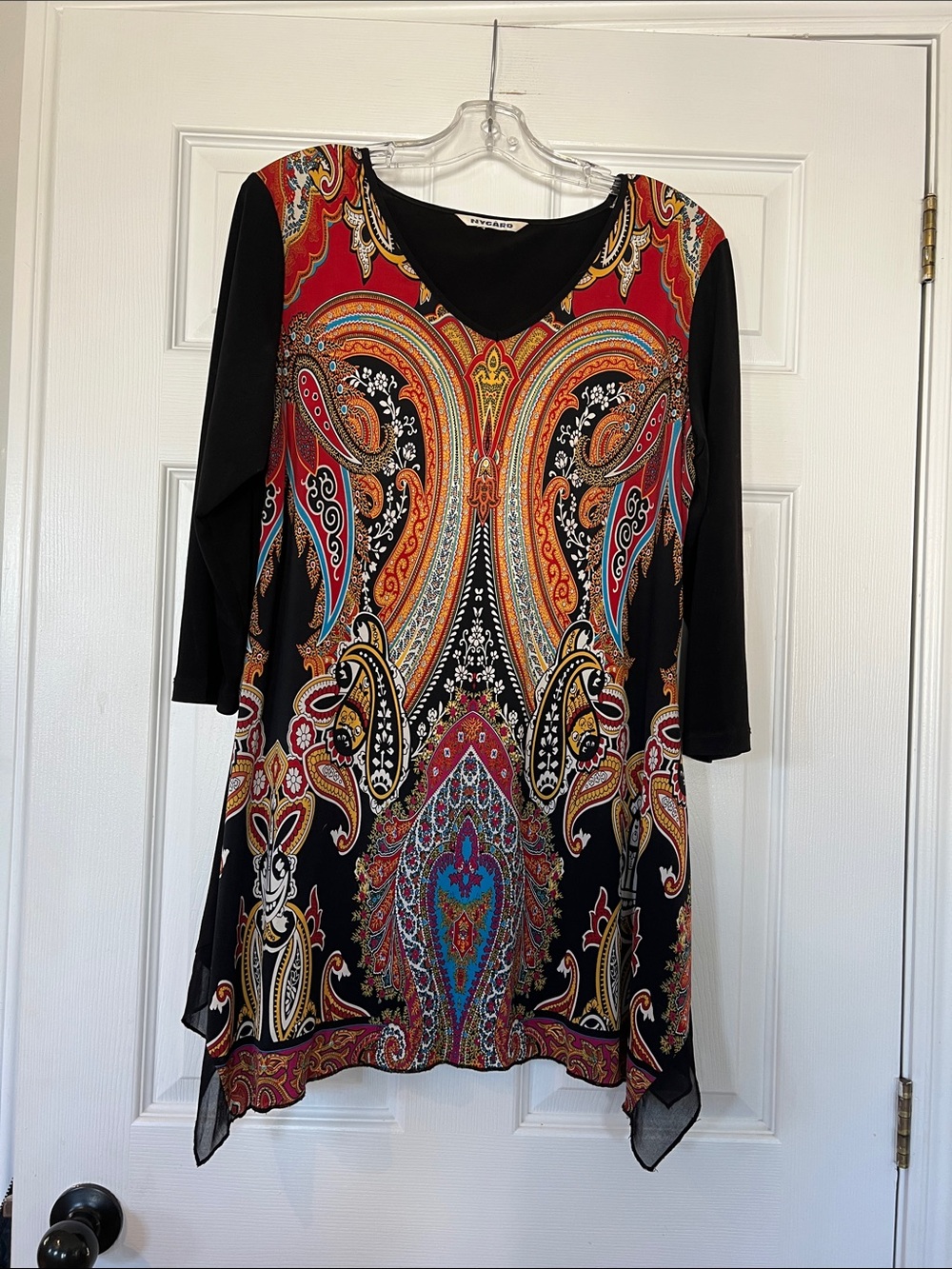 Nygard Black Tunic with Red, Orange & Blue Paisley